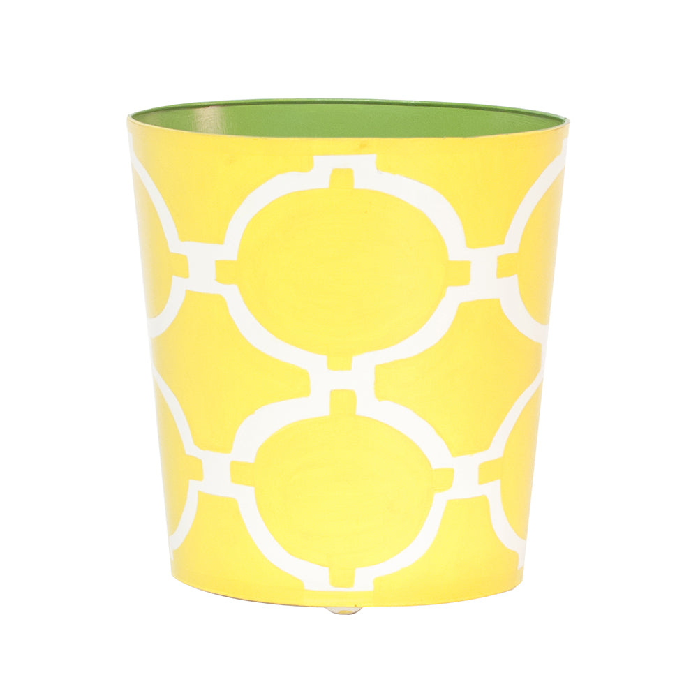 Worlds Away Patterned Oval Wastebasket - Yellow & Cream