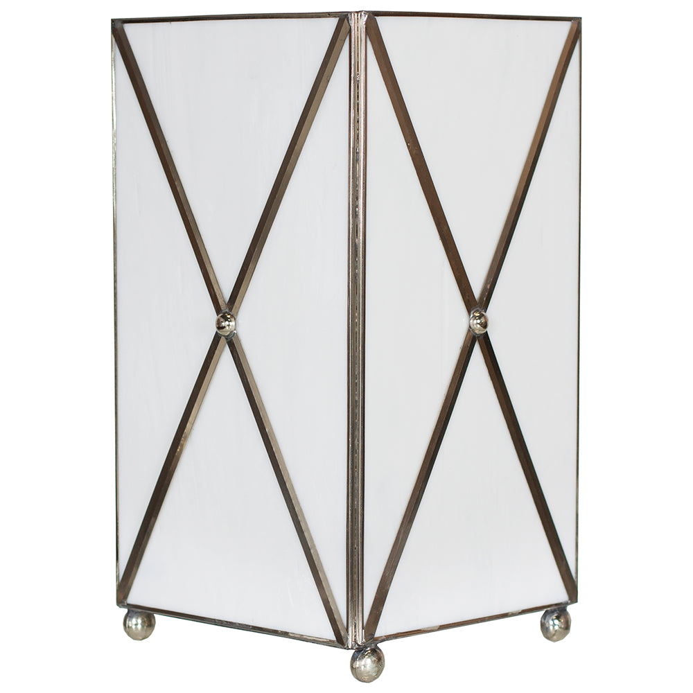 Worlds Away White Glass Wastebasket with Silver Cross-Hatch Details