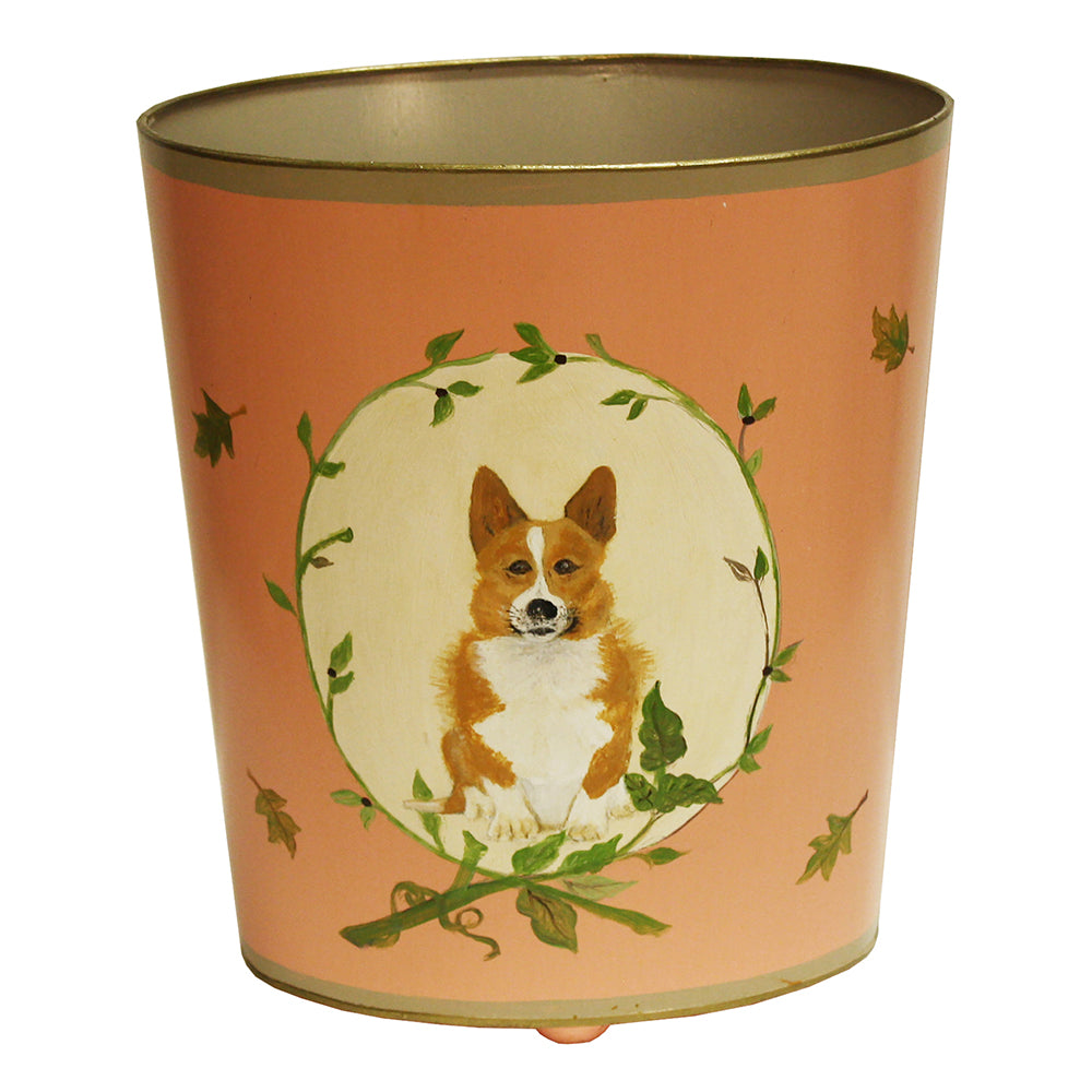 Worlds Away Hand-Painted Wastebasket - Corgi