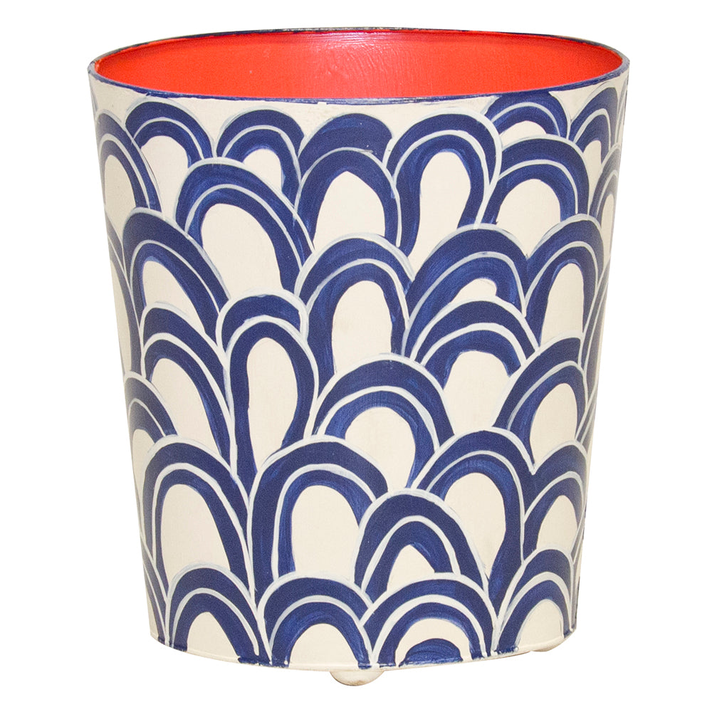 Worlds Away Hand-Painted Scales Wastebasket - Navy & Orange