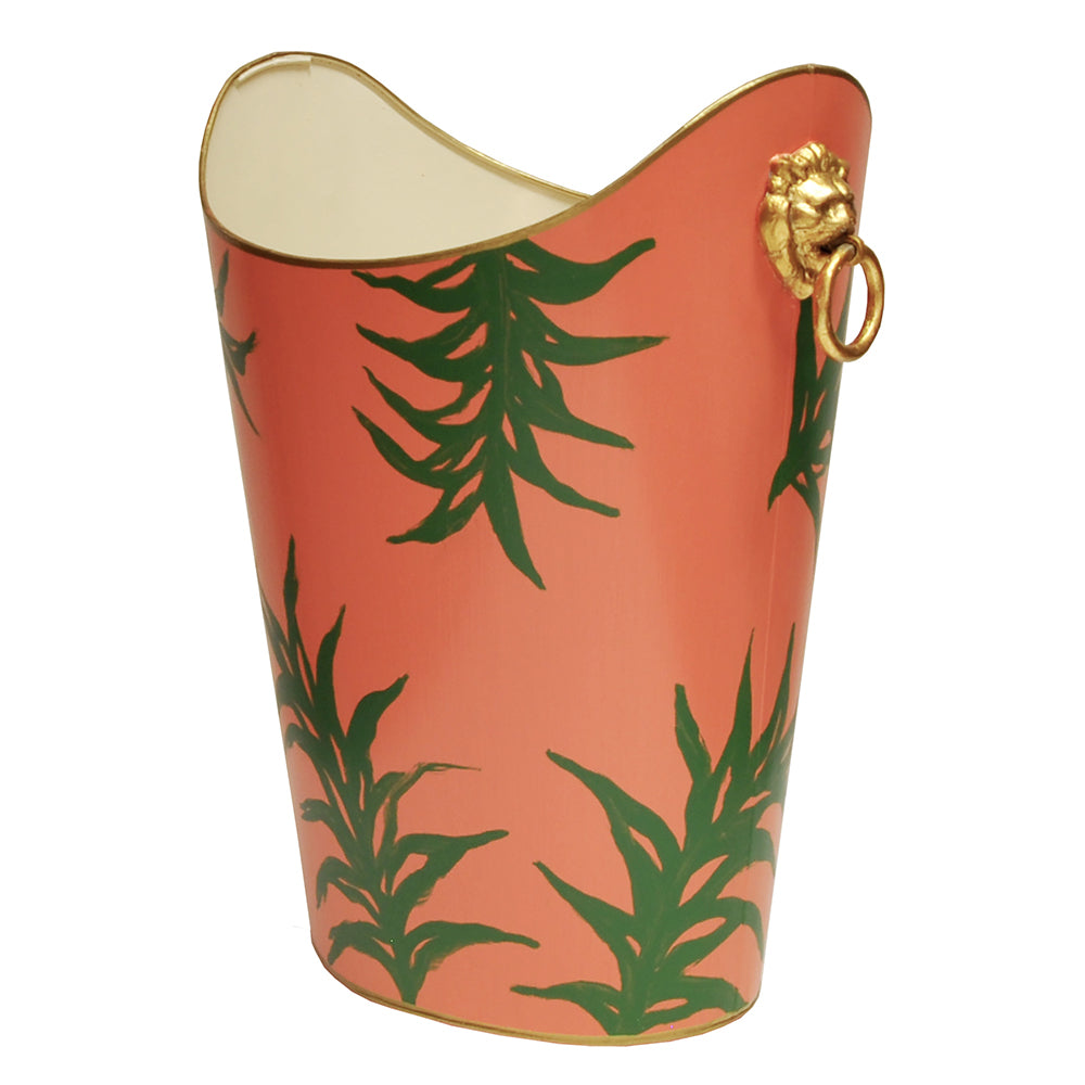 Worlds Away Hand-Painted Wastebasket with Lion Handles - Palm