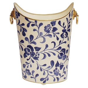 Worlds Away Hand-Painted Wastebasket with Lion Handles - Navy Vine
