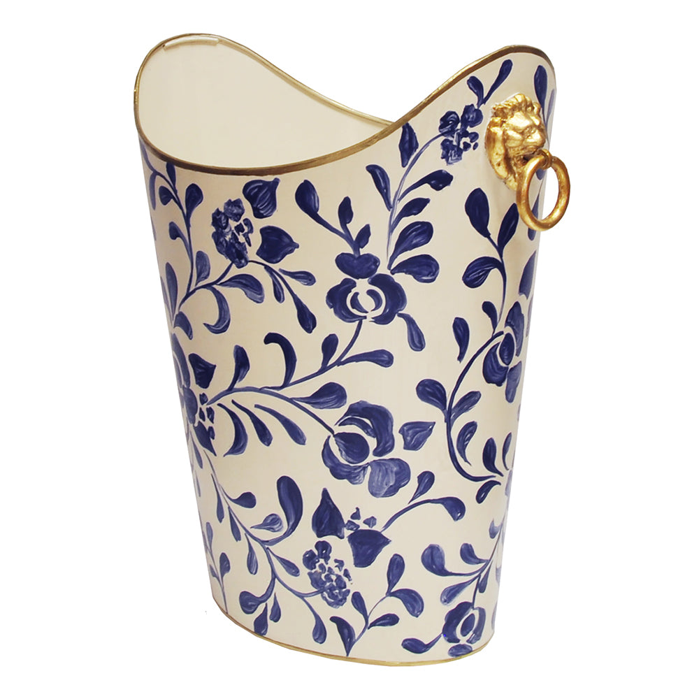 Worlds Away Hand-Painted Wastebasket with Lion Handles - Navy Vine