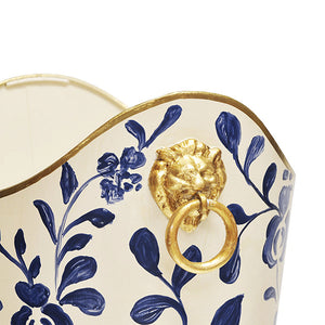 Worlds Away Hand-Painted Wastebasket with Lion Handles - Navy Vine