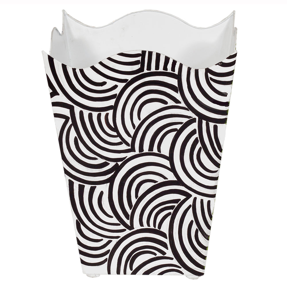 Worlds Away Hand-Painted Wave Top Wastebasket - Black