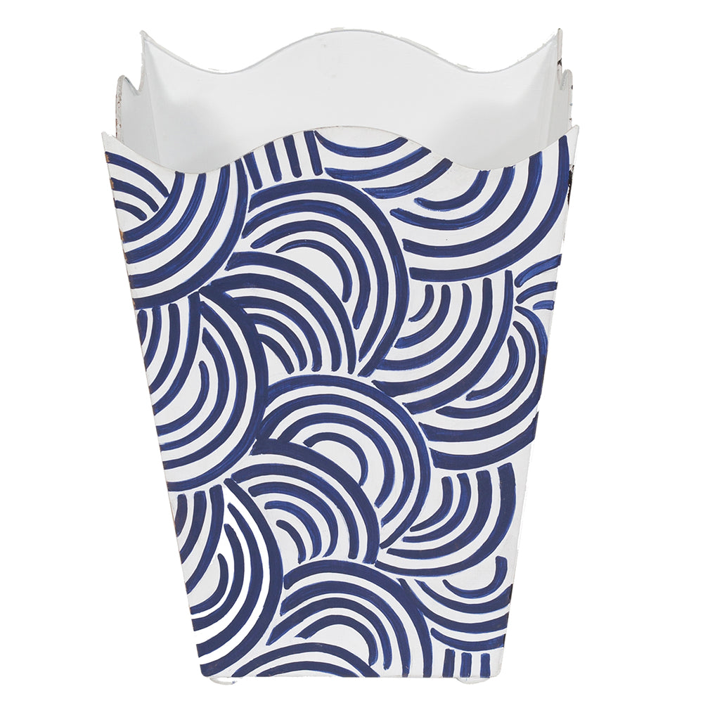 Worlds Away Hand-Painted Wave Top Wastebasket - Navy