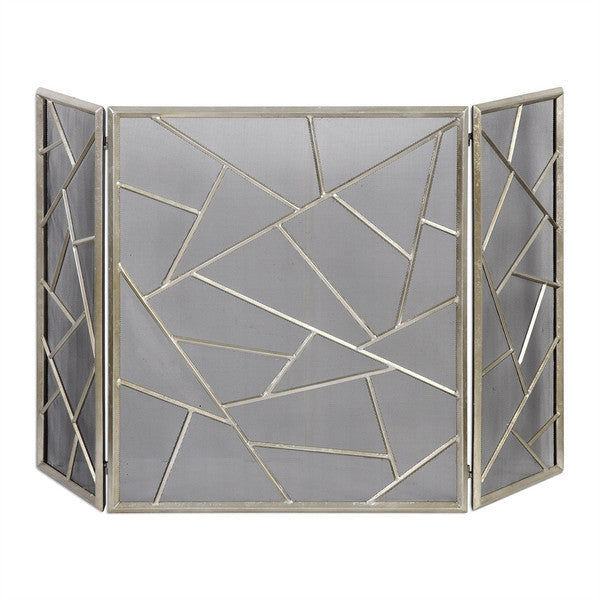 Fireplace Accessories - Geometric Pattern Iron Fireplace Screen In Antique Silver Leaf