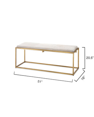 Shelby Bench in White Hide & Antique Brass Metal