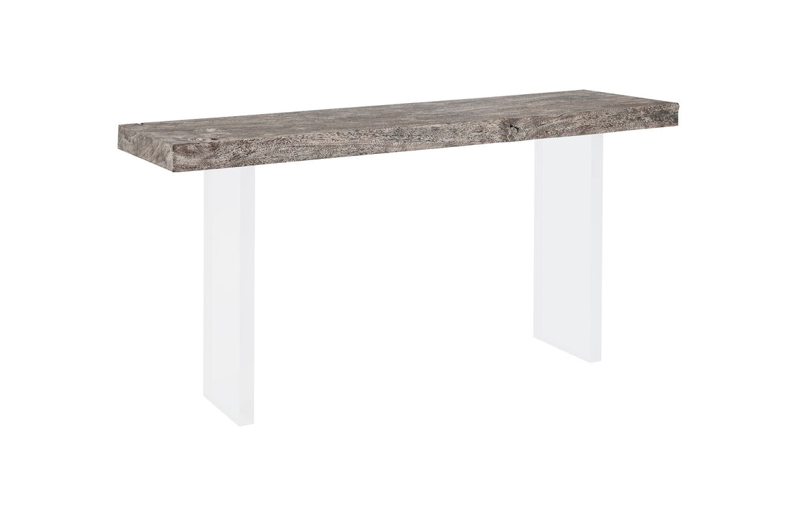 Floating Chamcha Wood Console Table, Gray Stone Finish, Acrylic Legs