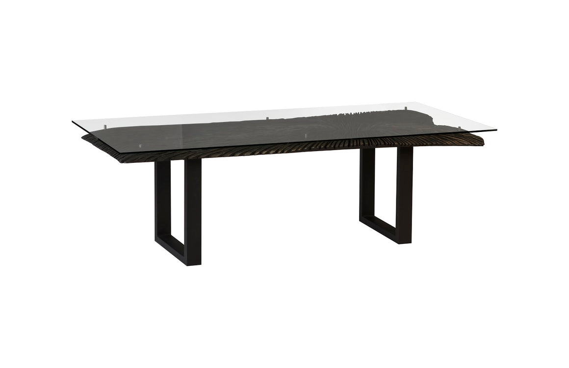Chainsaw Dining Table with Glass, Chamcha Wood, Burnt Black, Black Iron U Legs