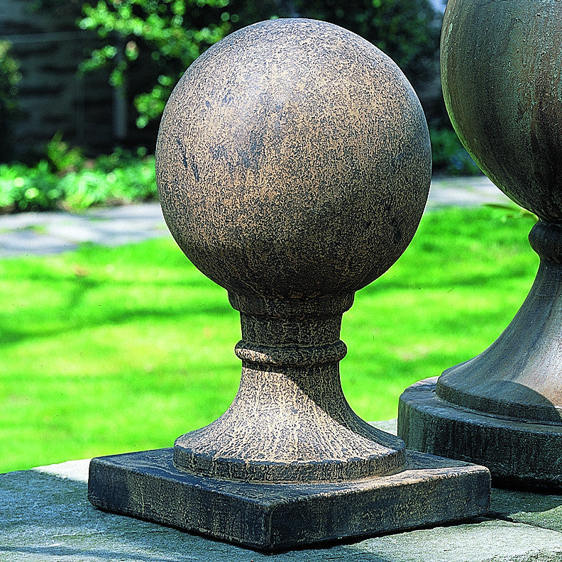 Small Square Base Sphere Sculpture - Aged Limestone Patina