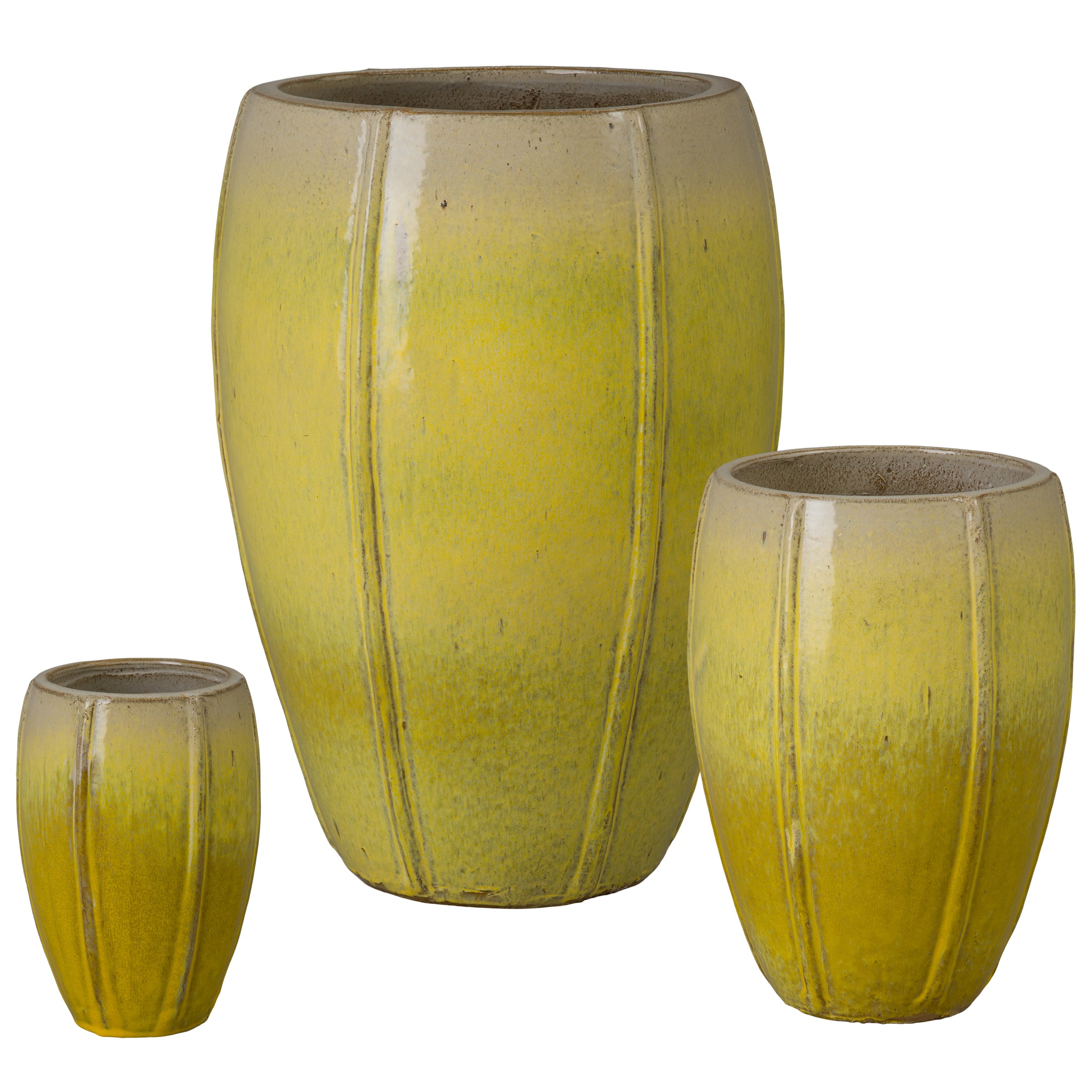 large yellow indoor planter Crest Set of 3 Tall Round Yellow Snow Ceramic Planters
