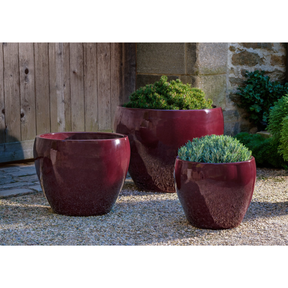 Plum Glazed Terra Cotta Barrel Planters - Set of 3