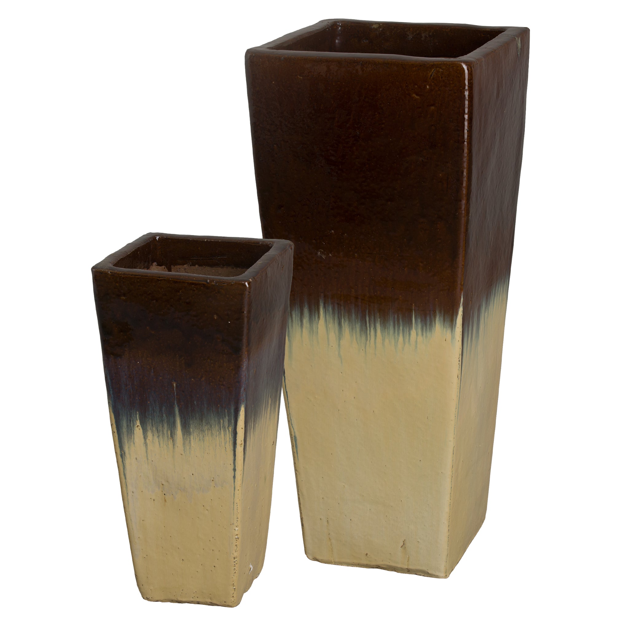 Sq Tall Planters,  Cream/Java  S/2 10X24; 14X35"H