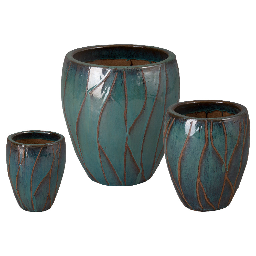 Abstract Breeze Set of 3 Round Ceramic Planters – Teal