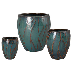 Abstract Breeze Set of 3 Round Ceramic Planters – Teal