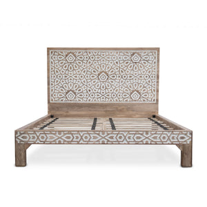 Haveli Geometric Carved Queen Bed in Natural White