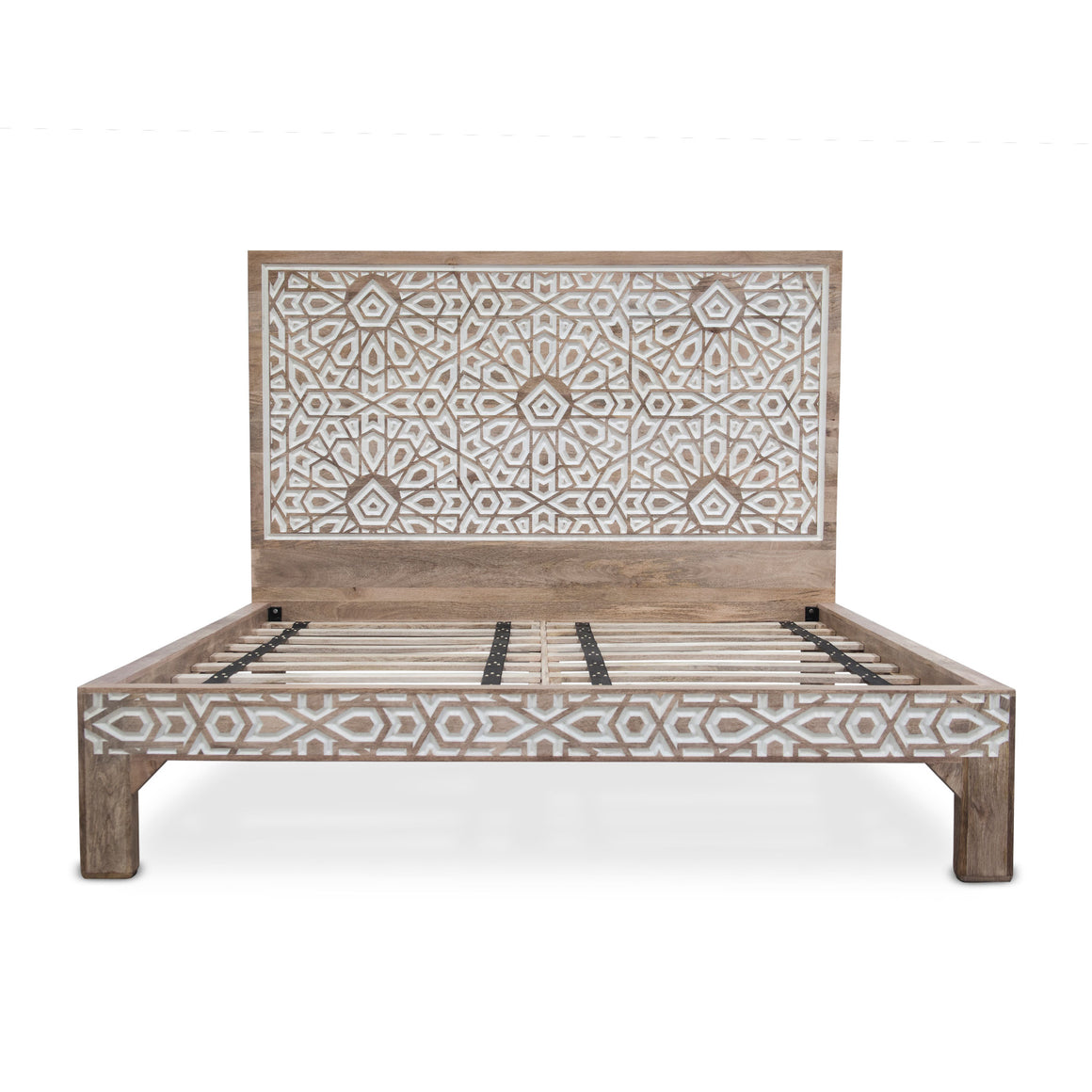 Haveli Geometric Carved Queen Bed in Natural White
