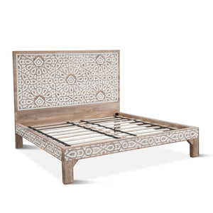 Haveli Geometric Carved Queen Bed in Natural White