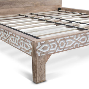Haveli Geometric Carved Queen Bed in Natural White
