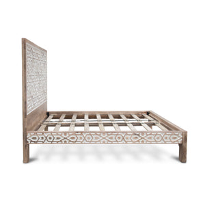 Haveli Geometric Carved Queen Bed in Natural White