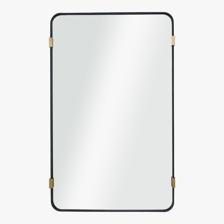 Lacquered Brass Tabbed & Black Leather Mirror