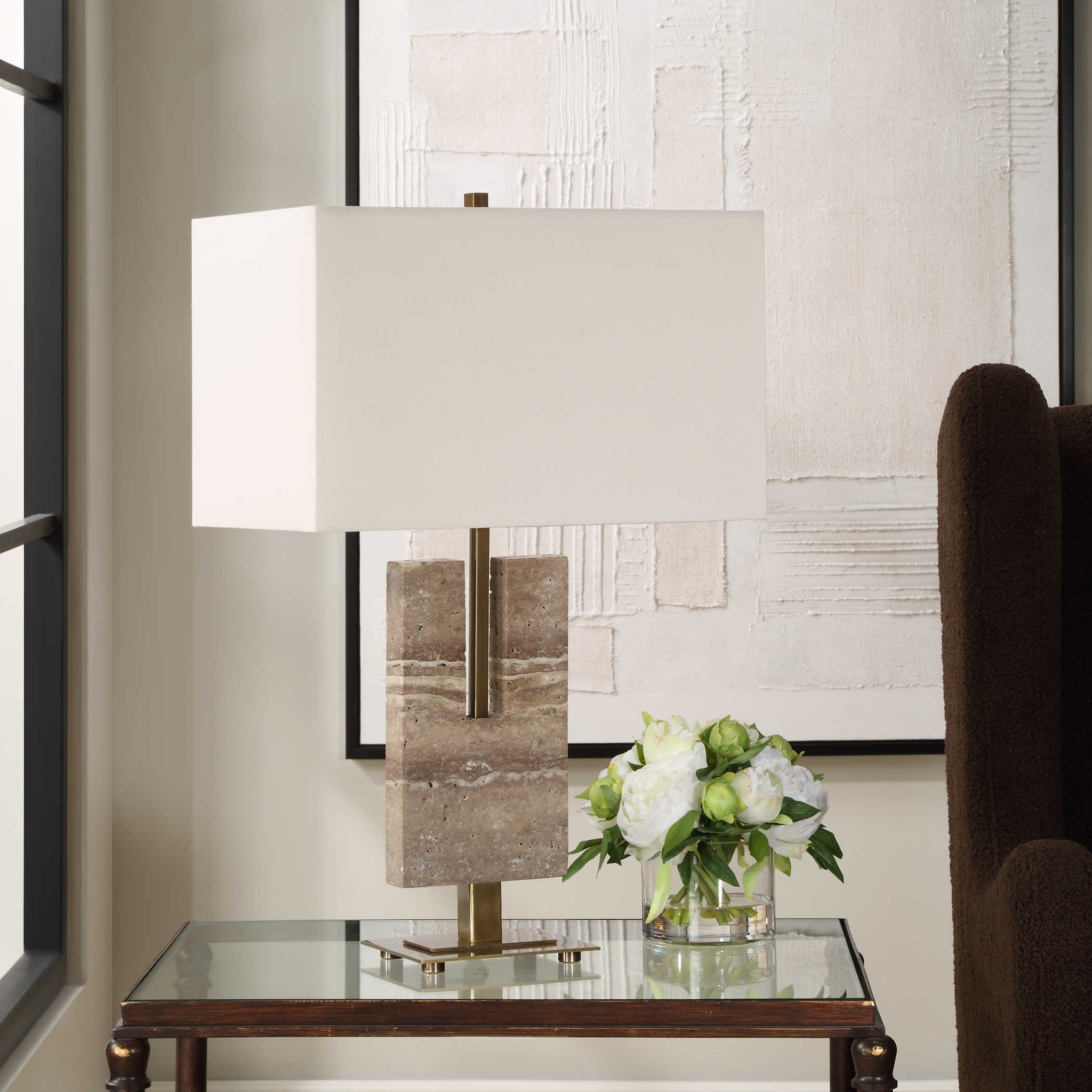 YKSJDFH Japanese Travertine Table Lamp With Organic Stone Base, Wabi-Sabi Bedside Light Rustic Table Light Home Decor Desk Lamp Nightstand Lamp For Cozy Bedroom Living Room Office Study Room