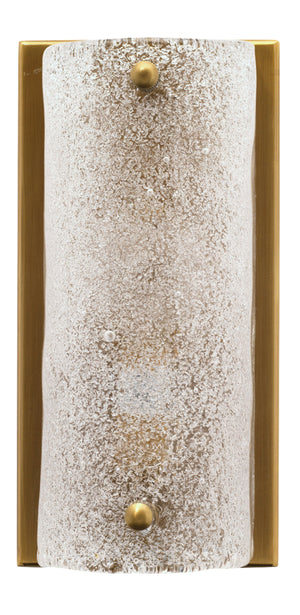 Moet Rounded Sconce, Textured Melted Ice Glass and Antique Brass Metal