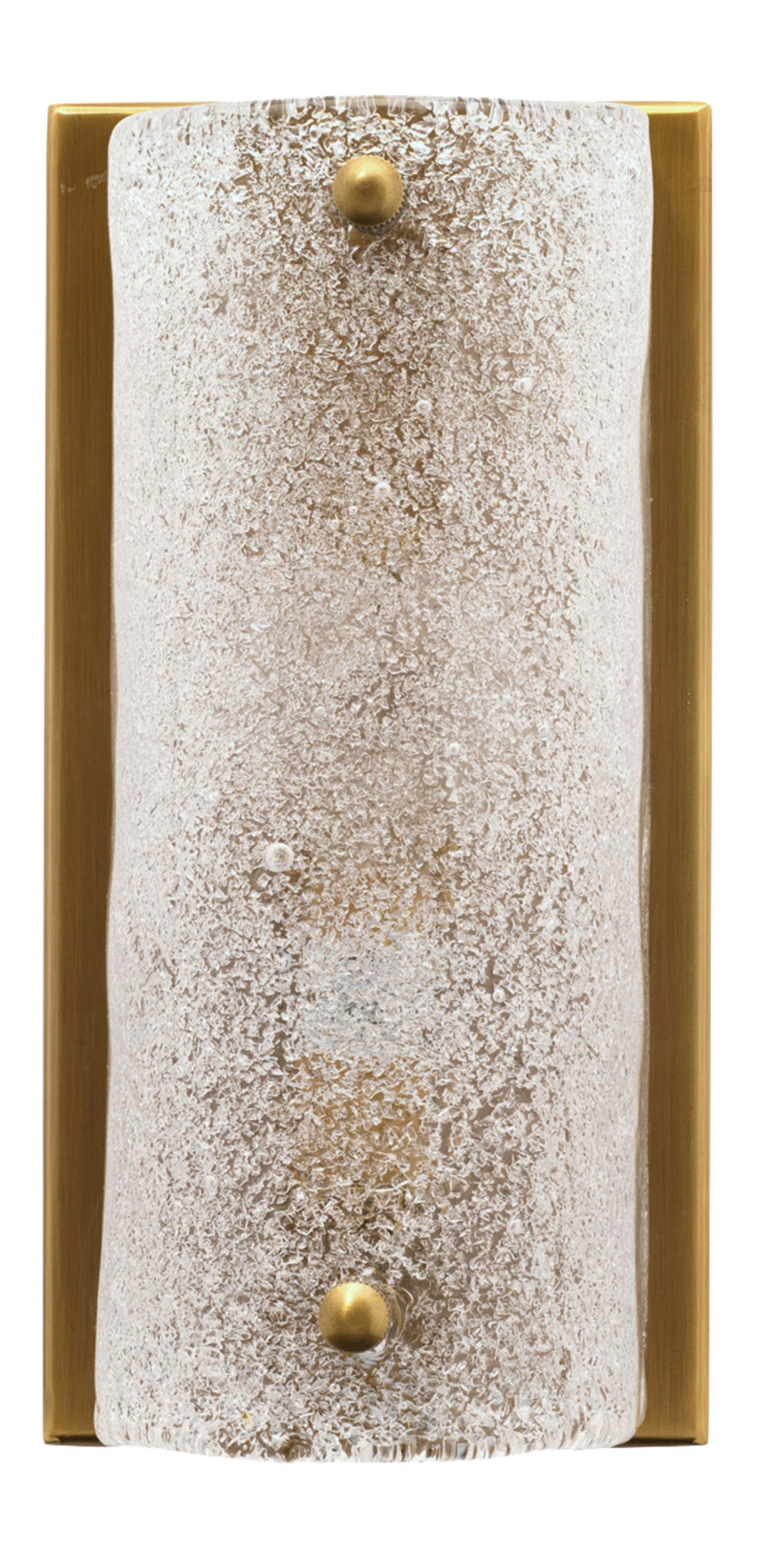 Moet Rounded Sconce, Textured Melted Ice Glass and Antique Brass Metal