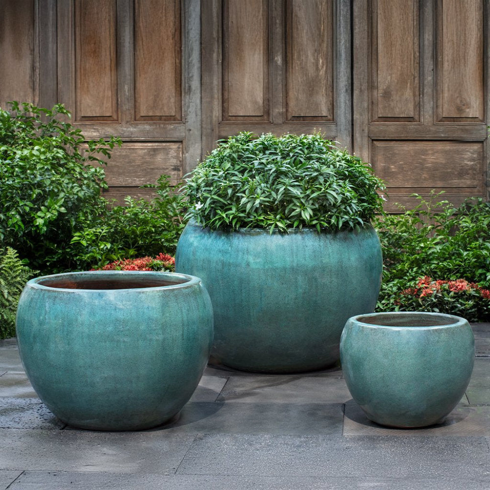 Three teal ceramic planters with green plants against a wooden panel background