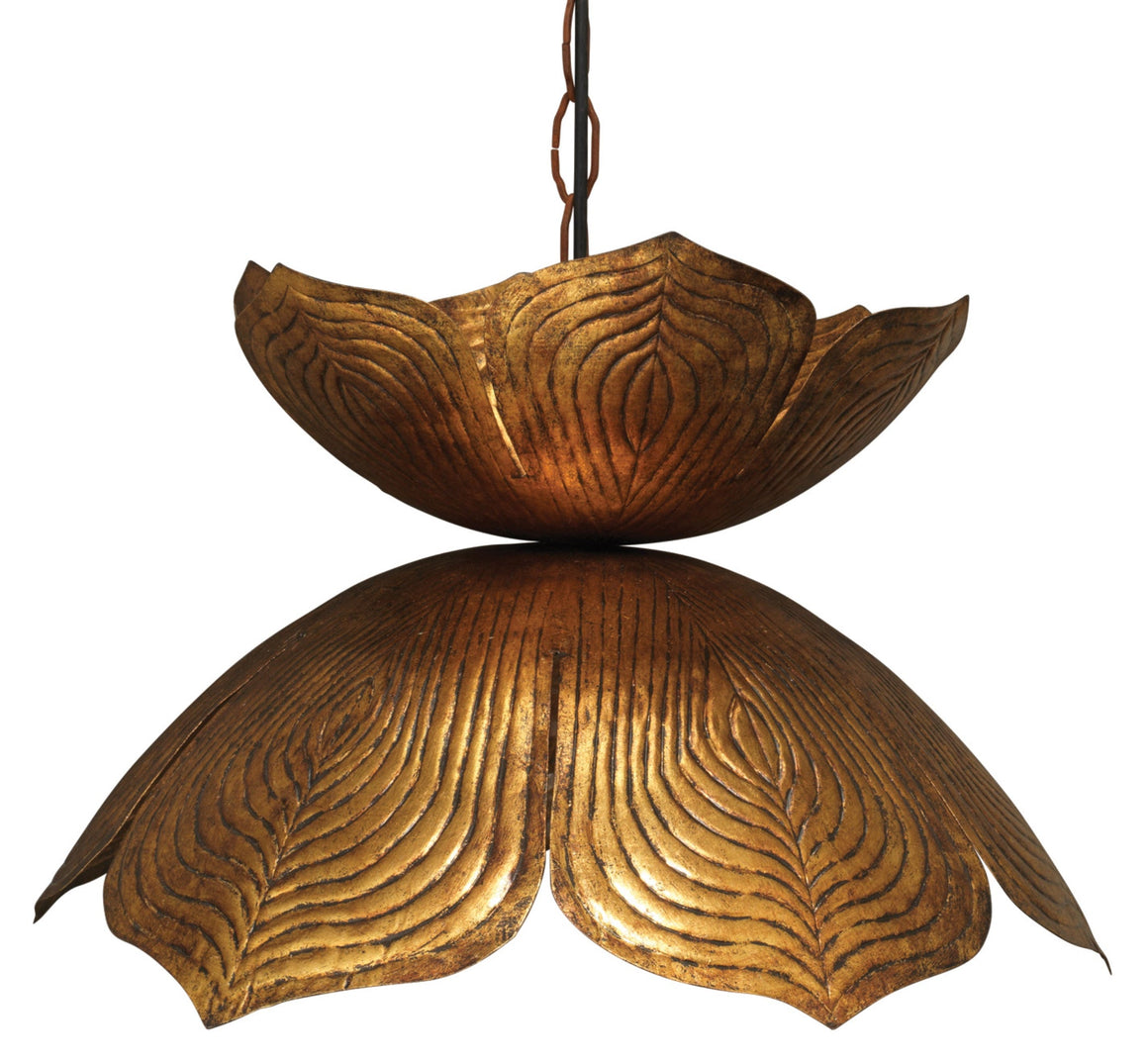 Flowering Lotus 1-Light Iron Pendant, Antique Gold, Large