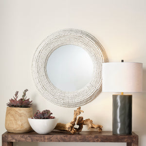Strand Wood Beaded Round Wall Mirror, White