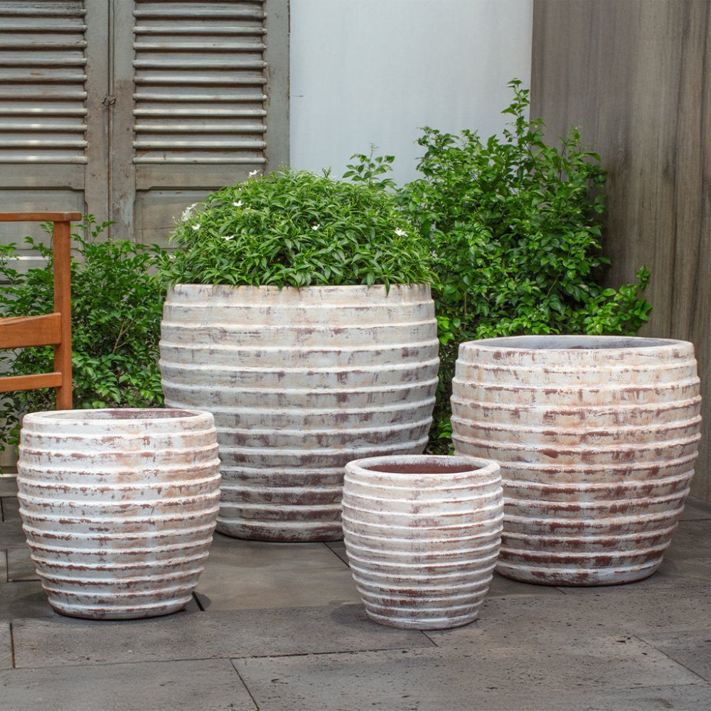 Set of four ribbed ceramic planters with green plants on a wooden deck.