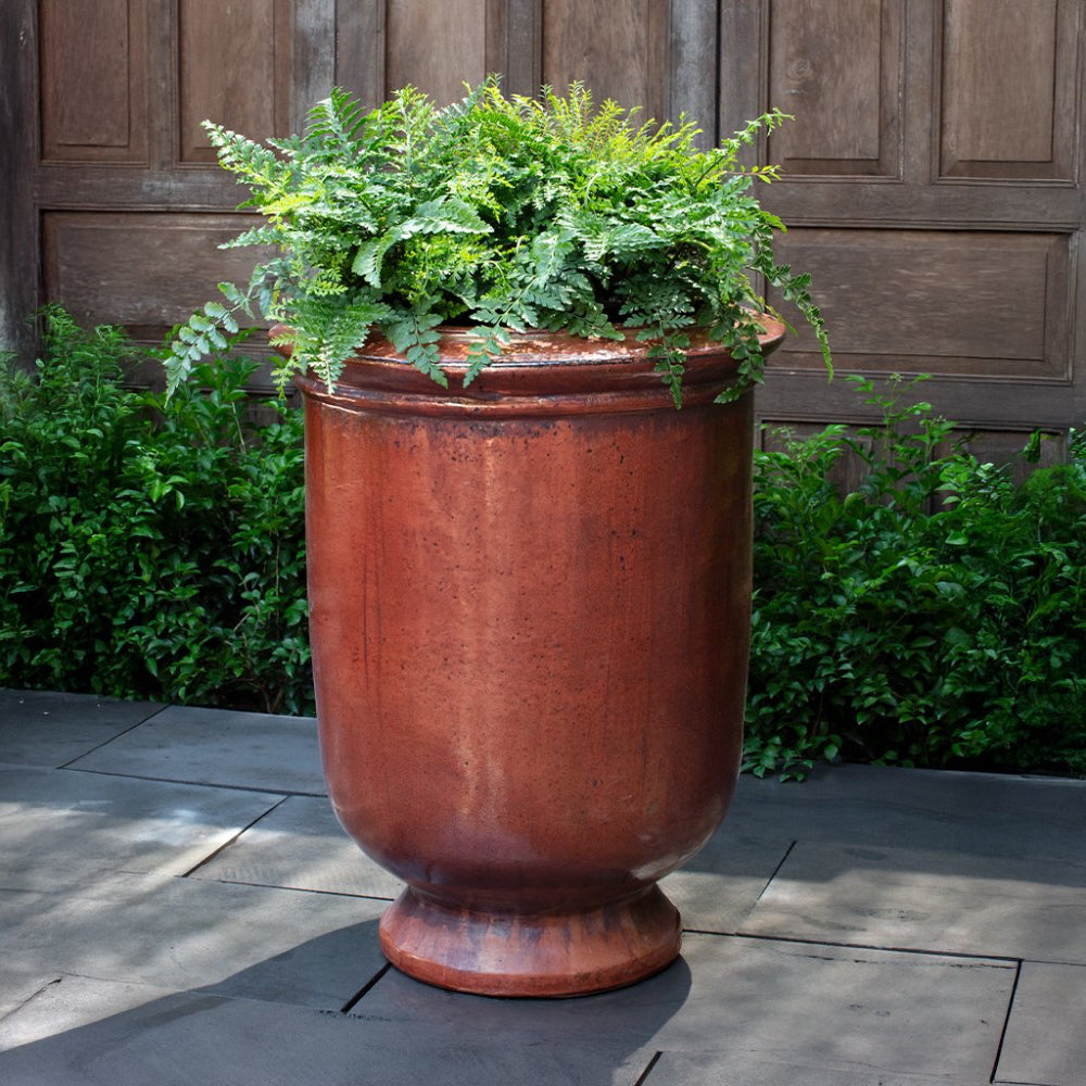 Tall glazed urn with green ferns against a wooden panel background