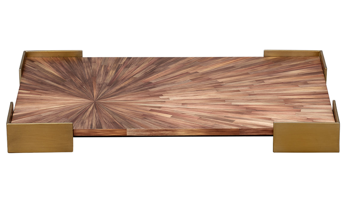 Palm Marquetry Tray - Brown Straw and Antique Brass