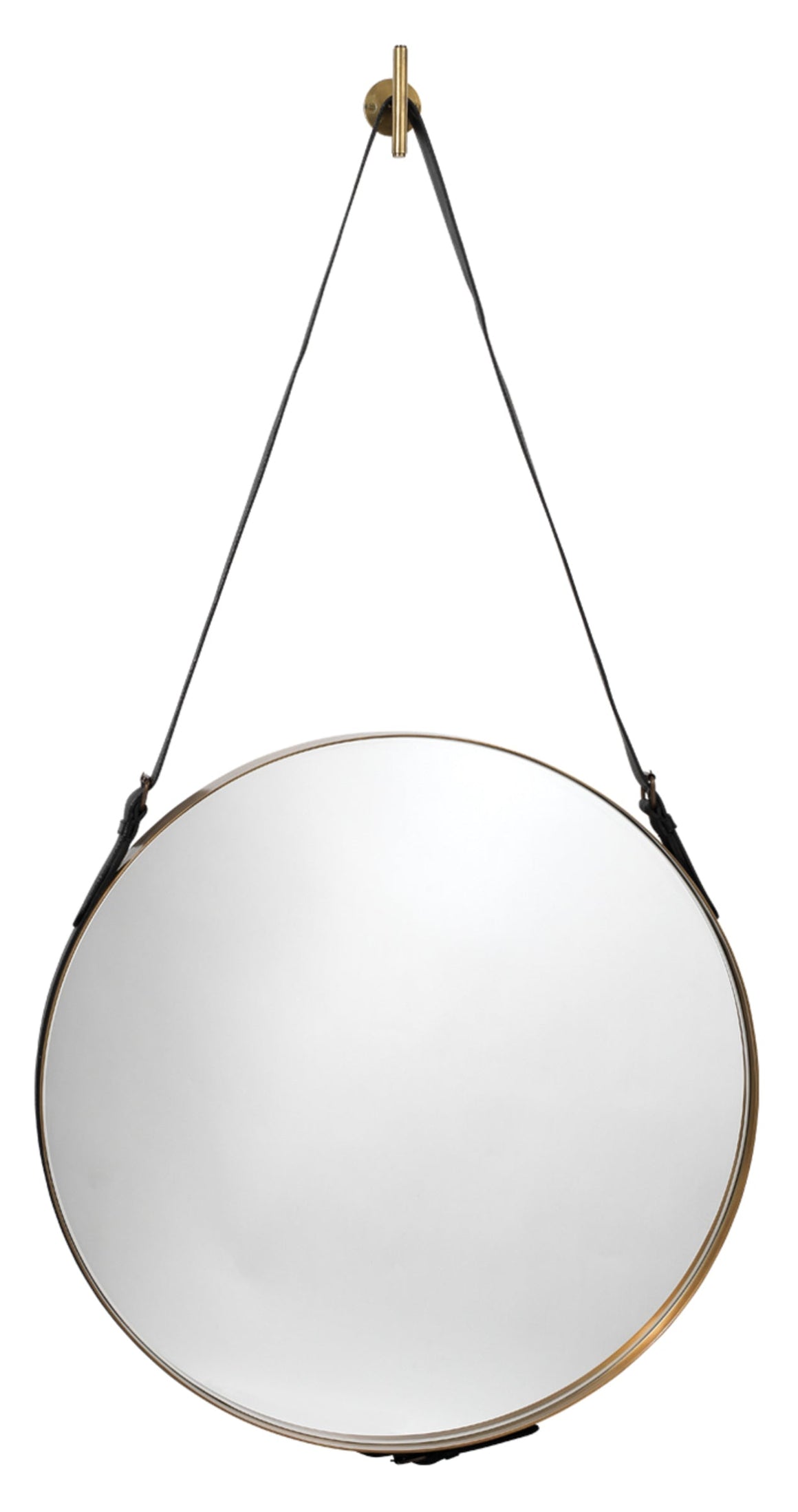 Round Steel Round Wall Mirror, Antique Brass and Black Leather Strap