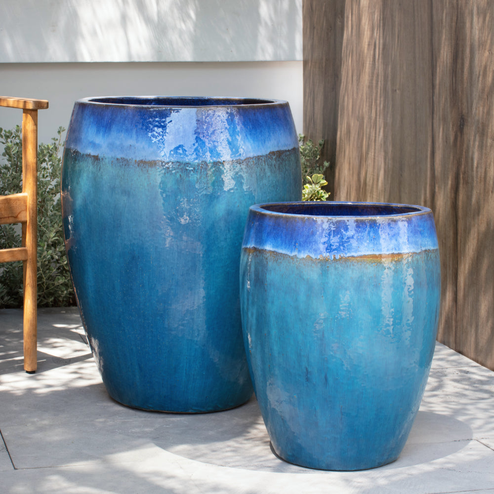 Running Blue Glazed Terra Cotta Planters – Set of 2 - Scenario Home