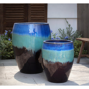Running Blue/Brown Glazed Terra Cotta Planters – Set of 2