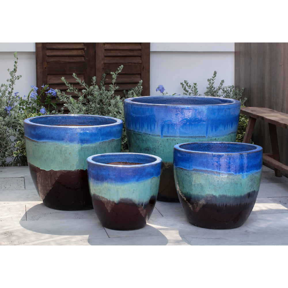 large colorful planter pots Ocho Running Blue/Brown Glazed Terra Cotta Planters – Set of 4