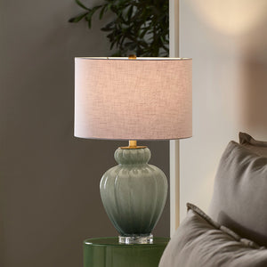 Agnes Blown Glass Table Lamp with Linen Shade, Celadon