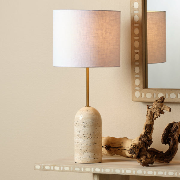 Holt Travertine Table Lamp with Linen Shade - Scenario Home