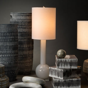 Studio Table Glass Lamp, With Tall Thin Drum Shade, White