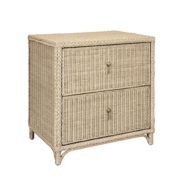 Two Drawer Side Table In Fully Wrapped Rattan With Satin Brass Pulls