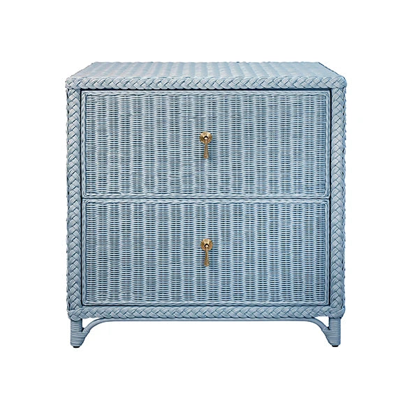 Two Drawer Side Table In Fully Wrapped Painted Light Blue Rattan With Satin Brass Pulls