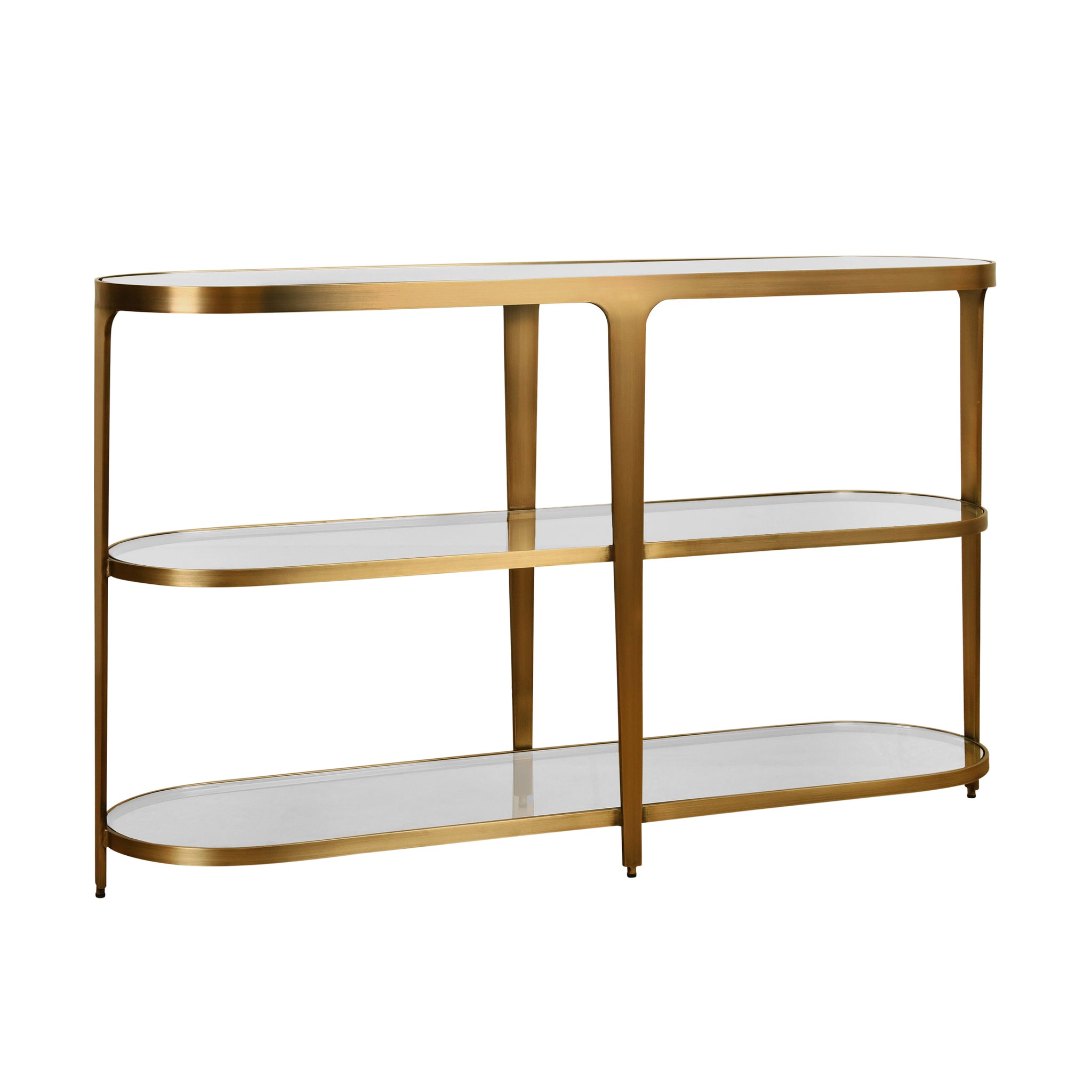 Addison Three Tier Glass Top Racetrack Console In Antique Brass