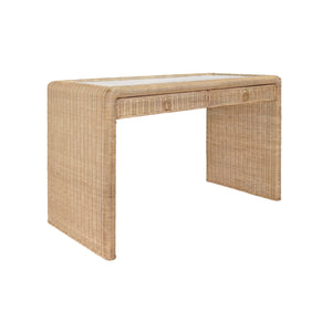 Adrien Two drawer Waterfall Edge Desk in Woven Rattan