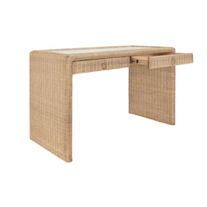 Adrien Two drawer Waterfall Edge Desk in Woven Rattan