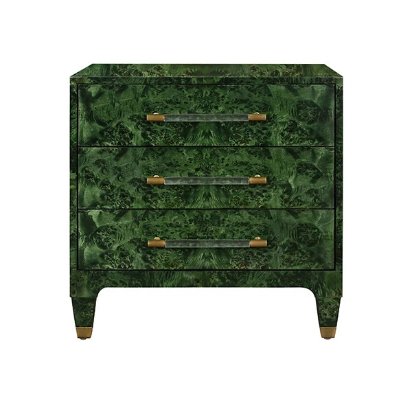 Three Drawer Side Table In Emerald Burl Wood With Antique Brass And Acrylic Hardware