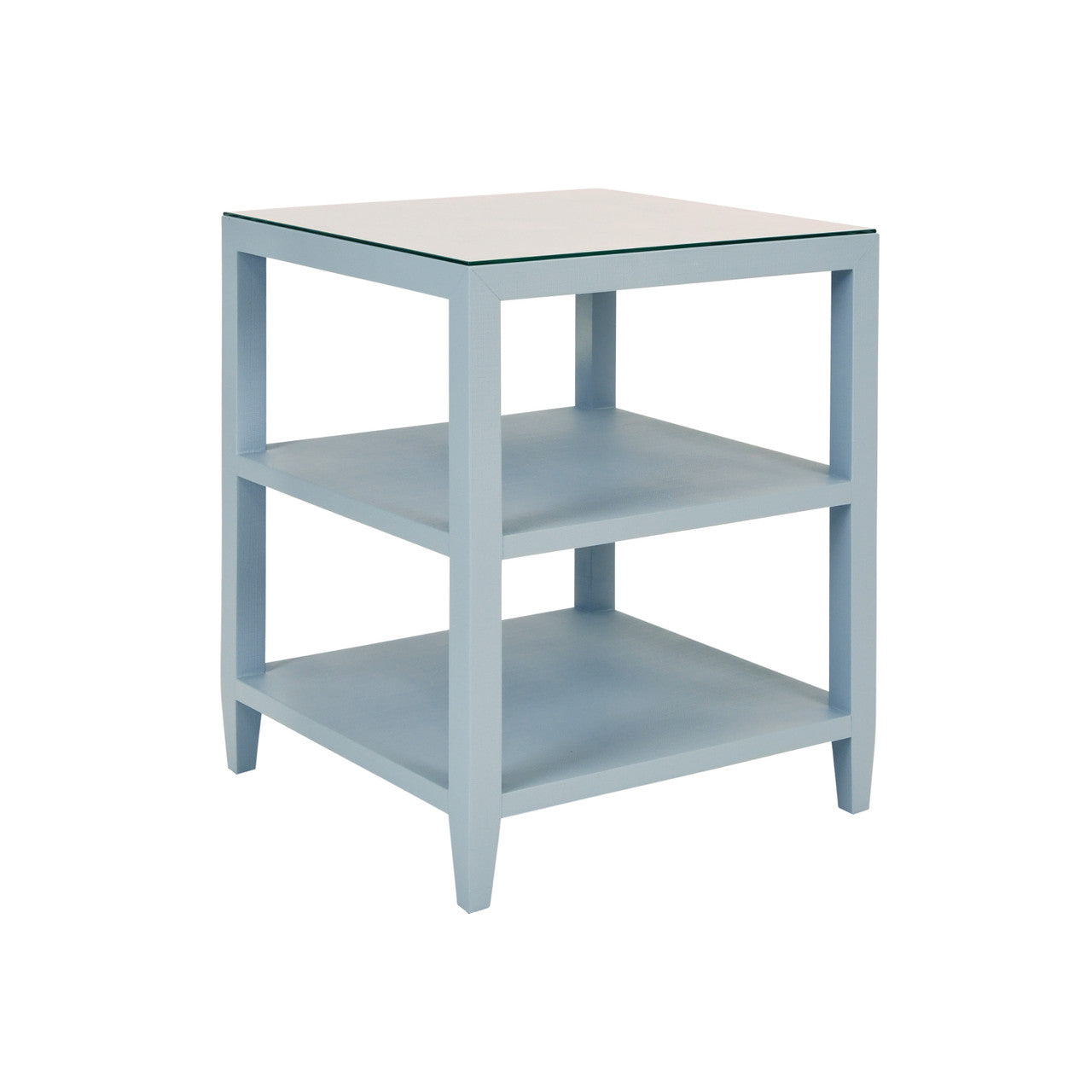 Amie Three Tier Square Side Table In Textured Light Blue Linen