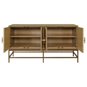 Ariel Four Door Buffet with Antique Brass Metal Base in Cerused Oak